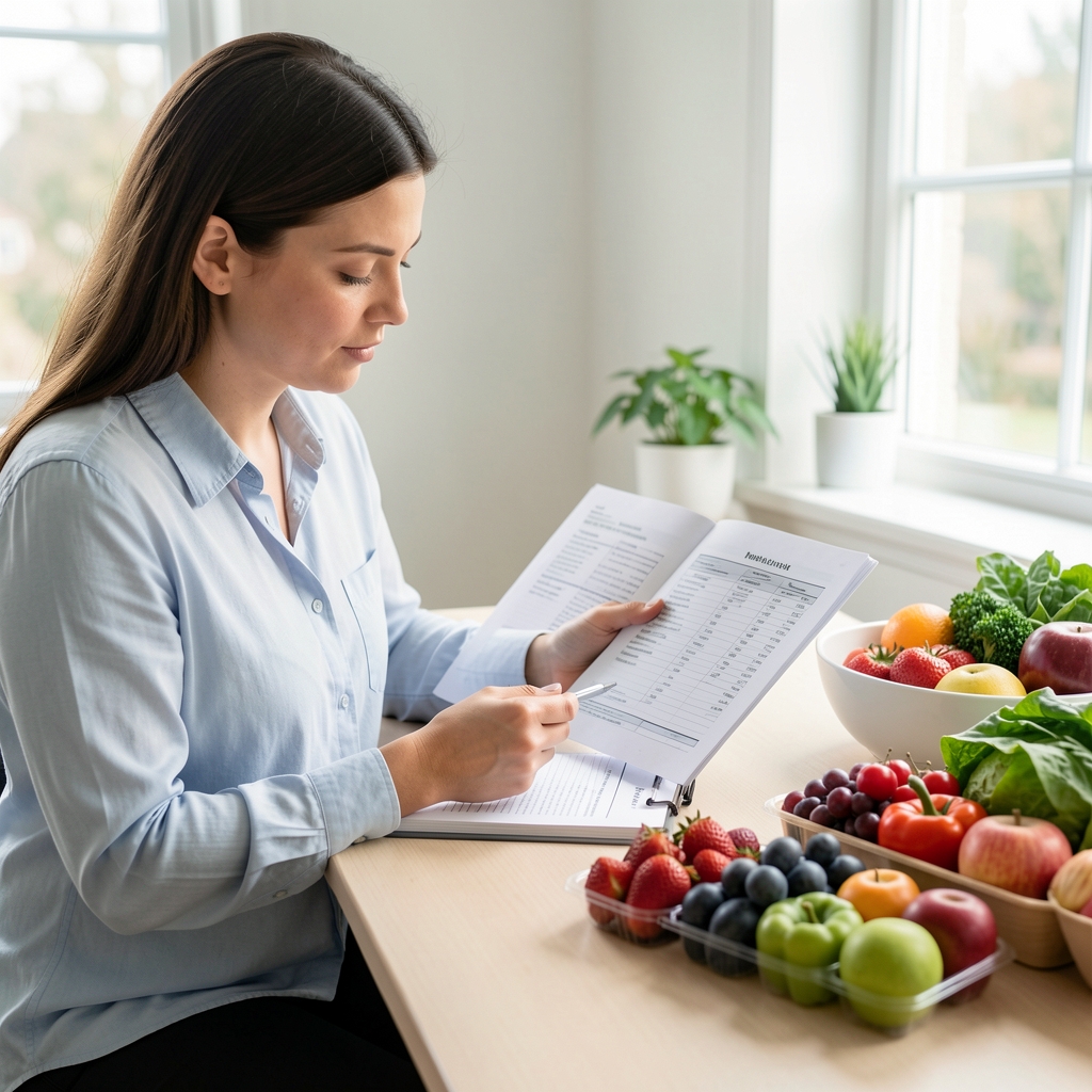 Nutritionist reviewing food composition reference documents at a clean desk with natural light and organised produce samples nearby