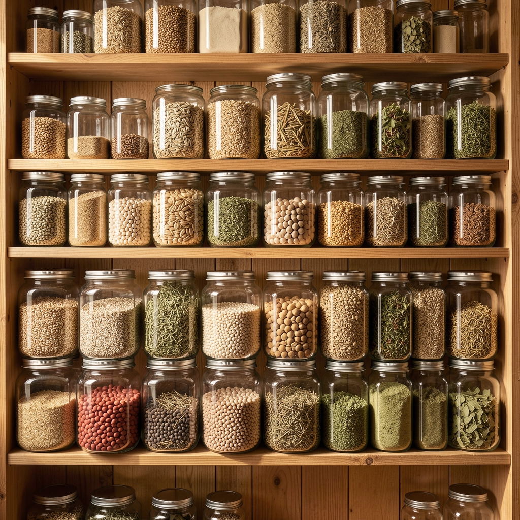 Wide array of whole grains, legumes and dried herbs in glass jars arranged systematically on wooden shelving with natural lighting