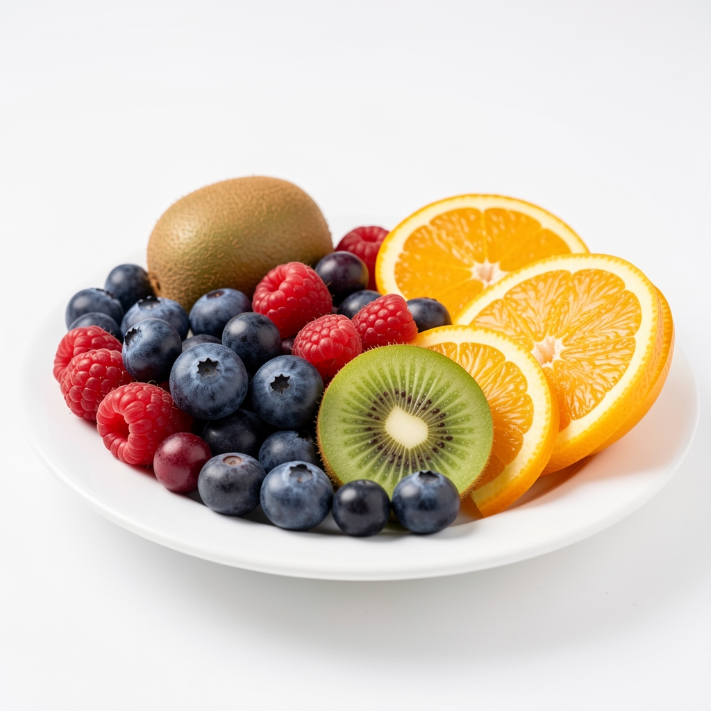 Close-up of colourful fresh fruits including berries, kiwi and orange slices on a white plate with clean studio lighting