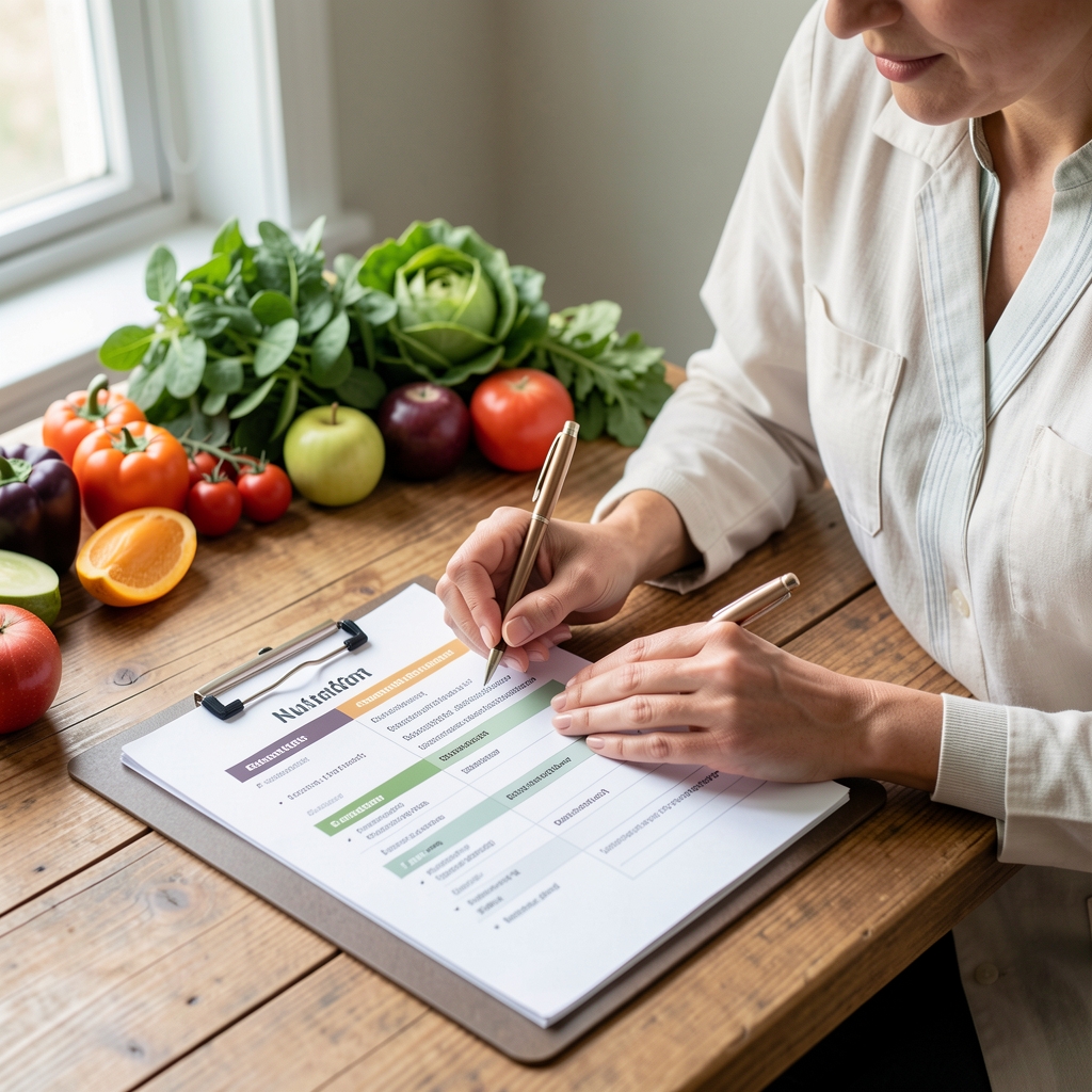 Nutritionist preparing a balanced meal plan document on a wooden desk with fresh ingredients visible in the background