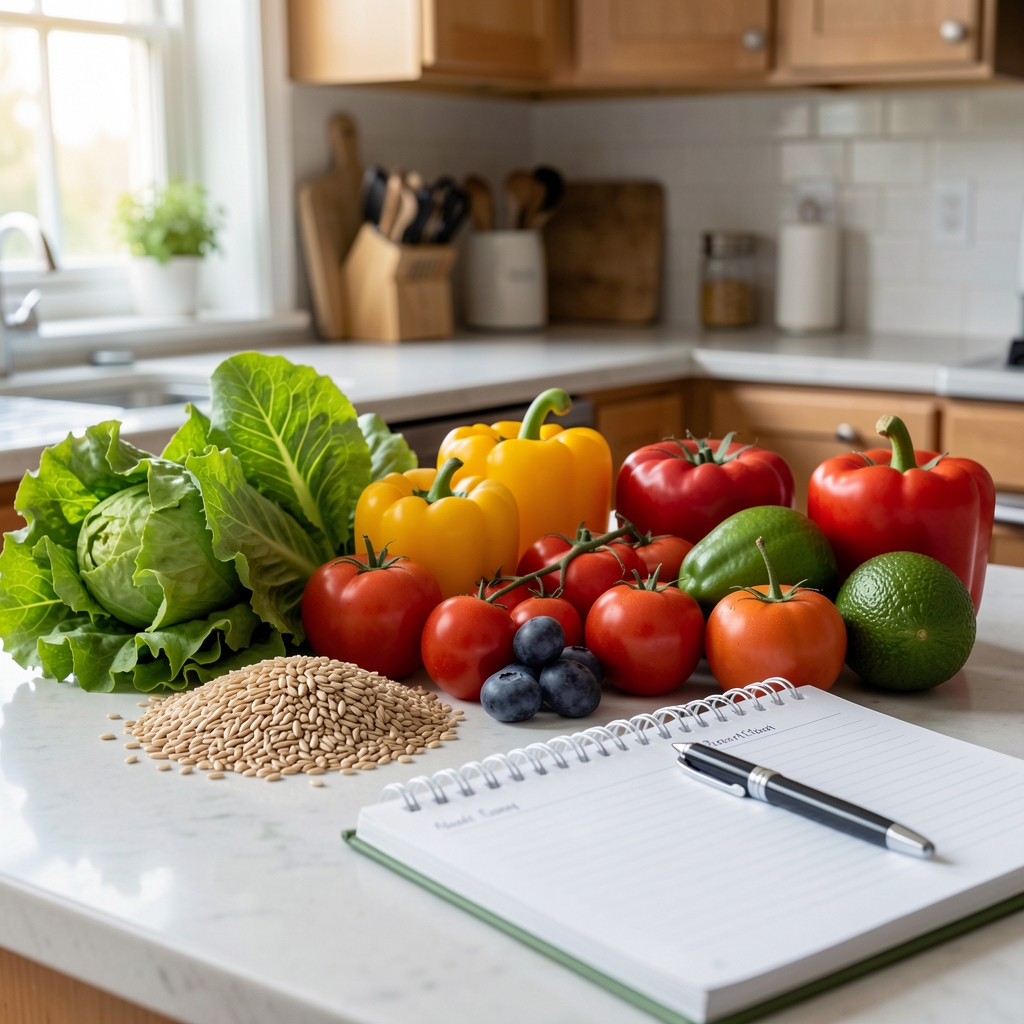 Fresh colourful vegetables and whole grains on a kitchen counter with a meal planning notebook and pen visible in natural daylight