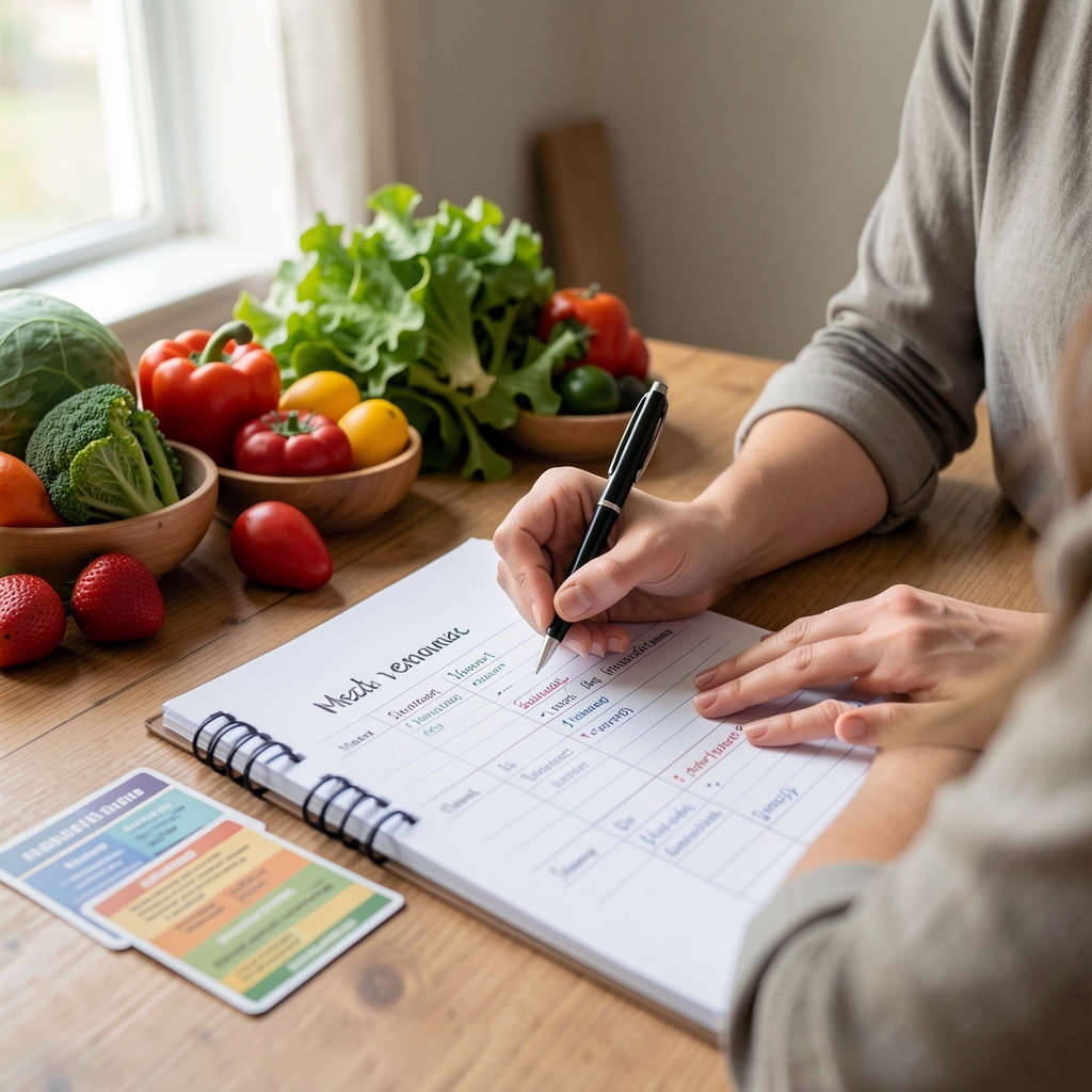 Close-up of a nutritionist writing a personalised meal plan with fresh produce and nutritional reference cards visible on the desk