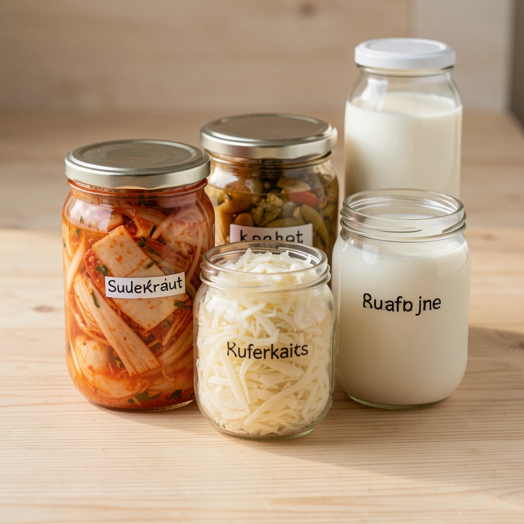 Selection of fermented foods including kimchi, sauerkraut and kefir in glass jars arranged on a light wooden surface with labels visible