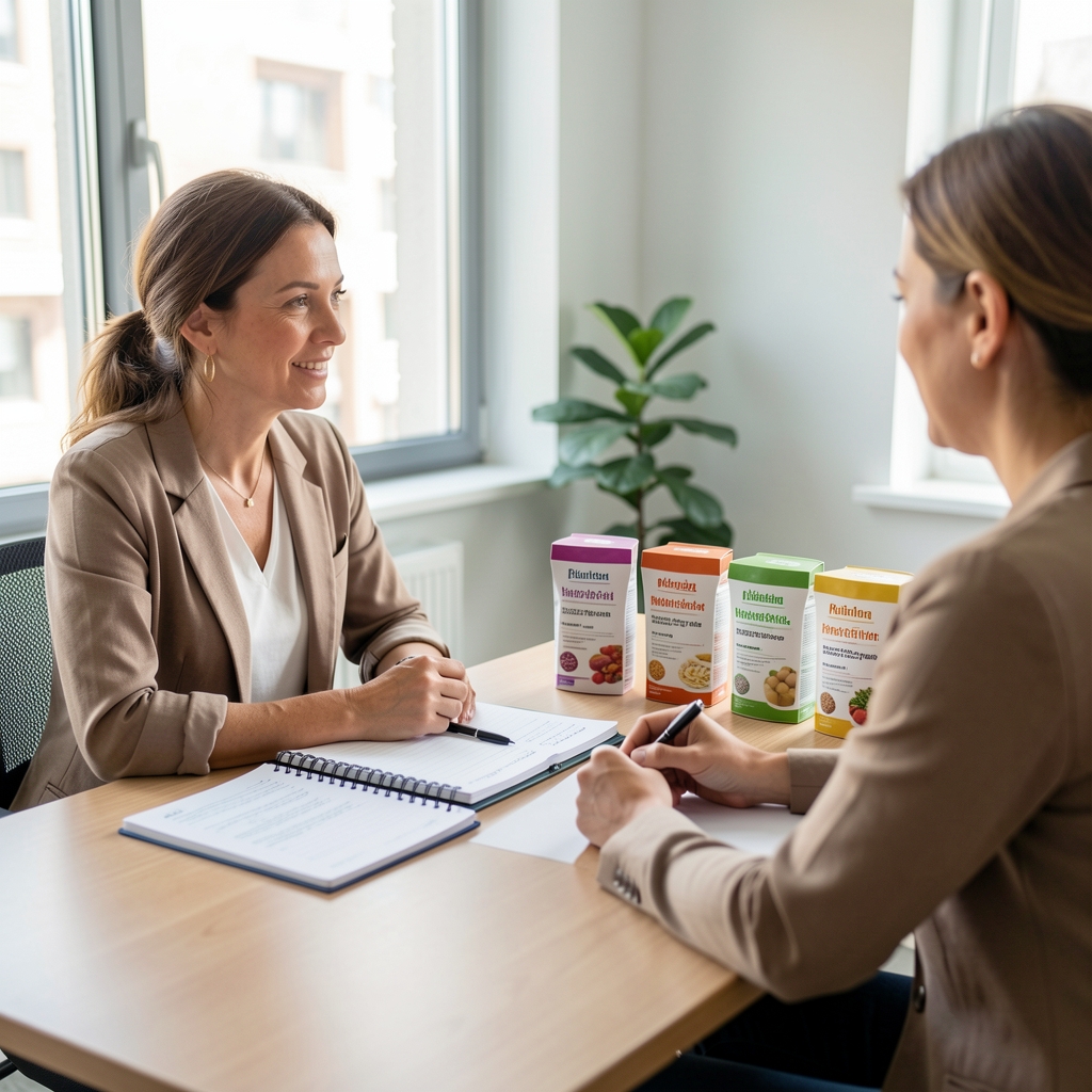 Nutrition consultation in progress with a practitioner and client seated at a table with food composition reference materials and a notebook