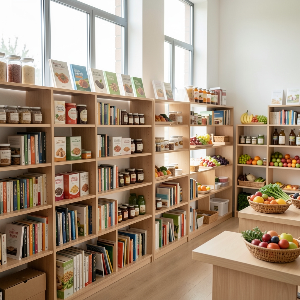 Interior of a clean, organised nutrition studio with reference books, produce samples and natural daylight through tall windows